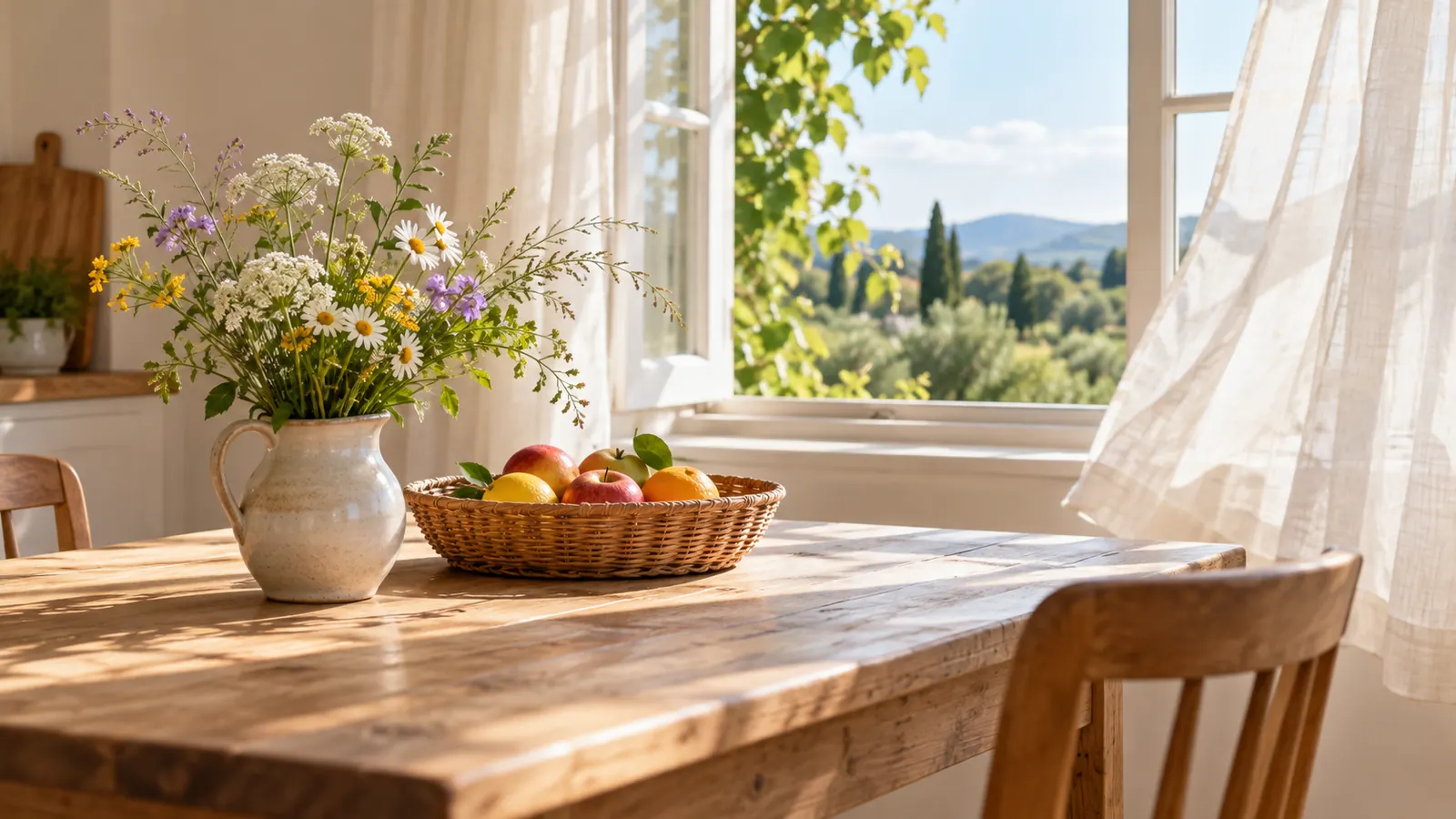 A freshly tidied kitchen table with a vase of wildflowers, a basket of fruit and an open window with a breeze moving the curtain