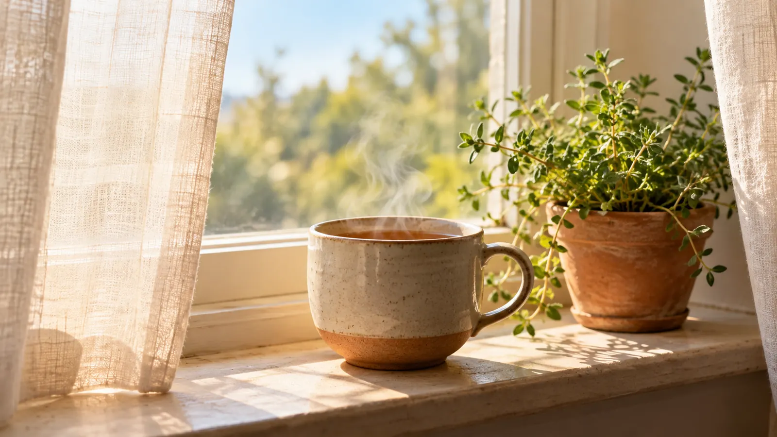 A single cup of tea steaming on a windowsill beside a small potted herb, soft morning light through linen curtains
