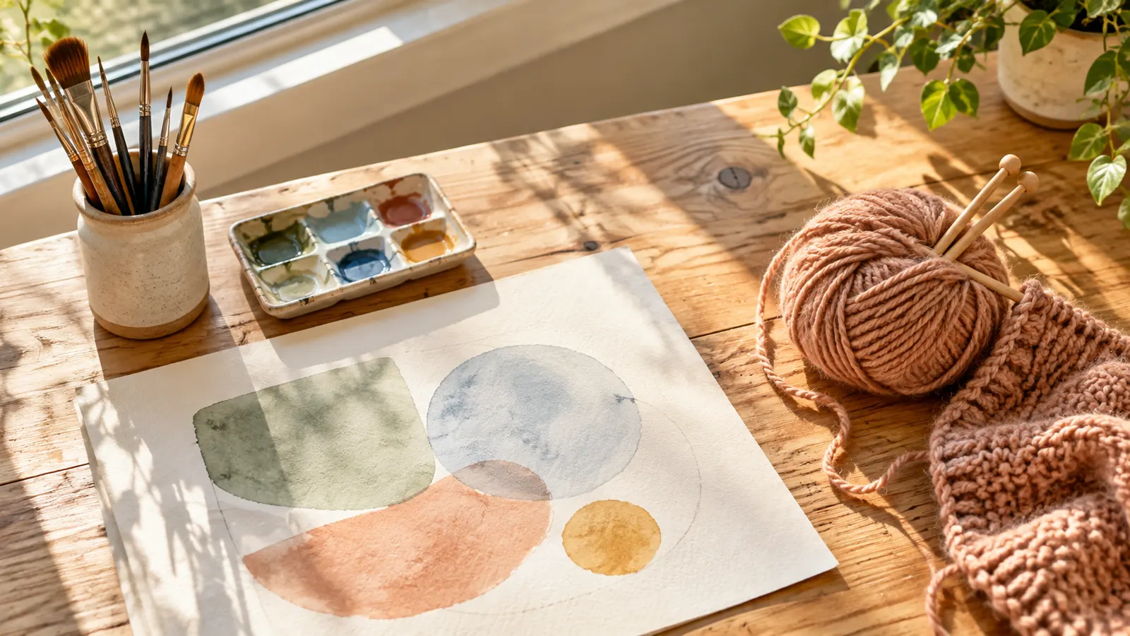 A sunny corner with a half-finished watercolor of abstract shapes, brushes in a jar and a ball of yarn with knitting needles