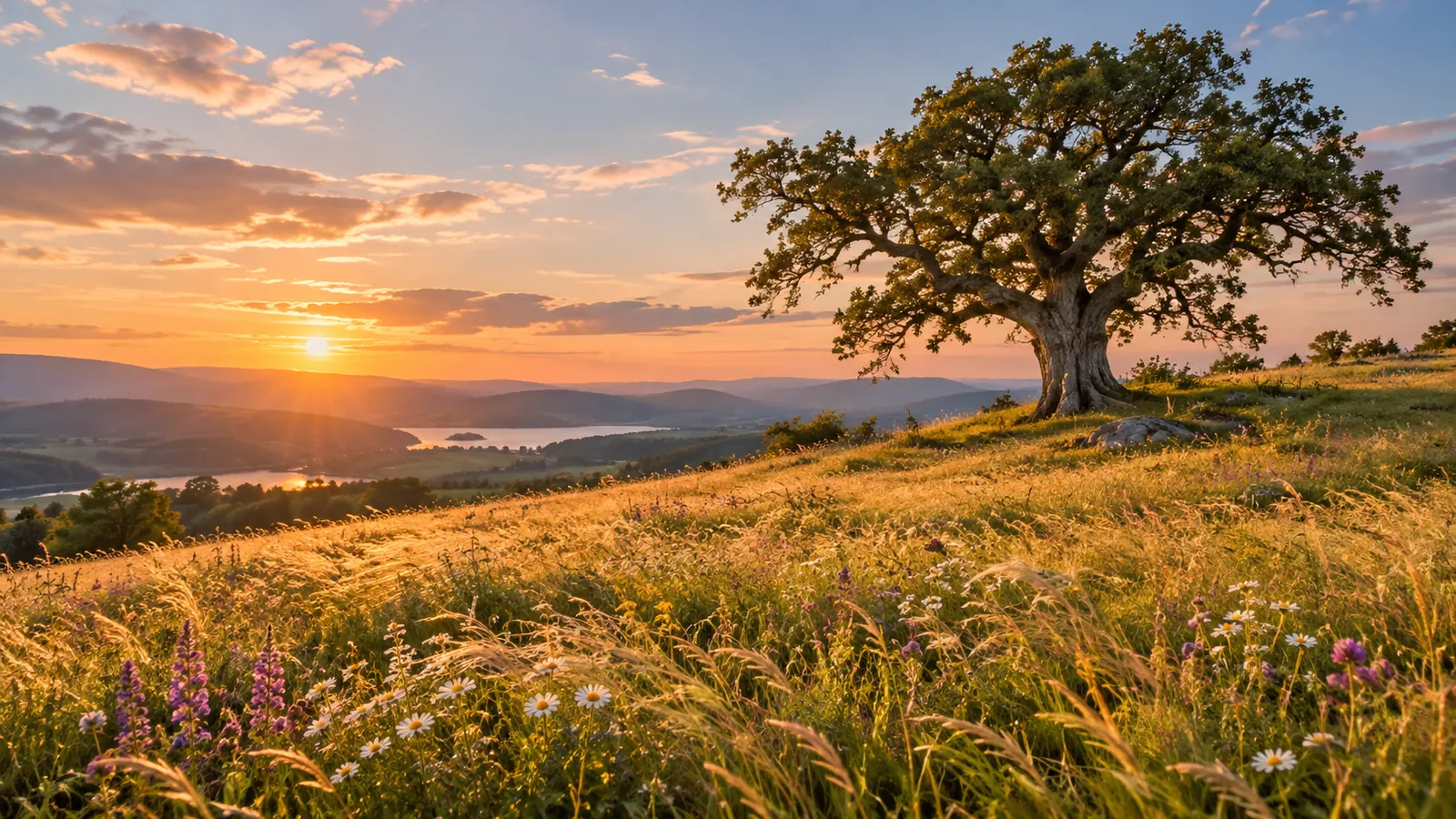 A wildflower meadow on a gentle hill at golden hour with a single old tree, wind moving the grass